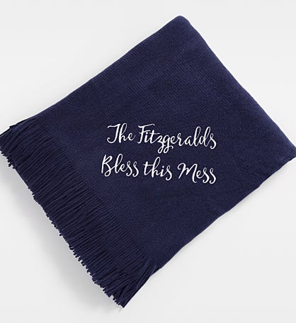 Embroidered Navy Knit Fringed Throw Blanket