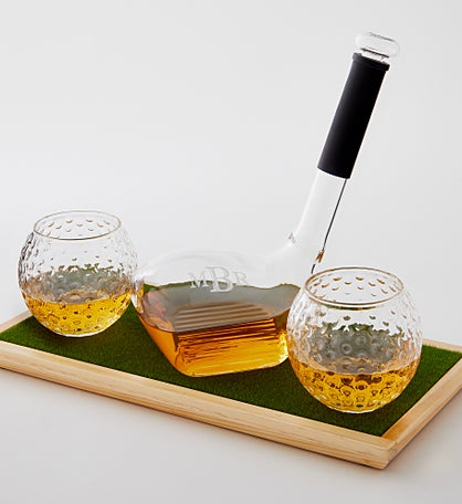 Etched Golf Decanter and Glass Whiskey Set