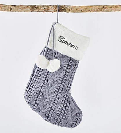 Embroidered Blue Grey Cable Stocking with Faux Fur Cuff
