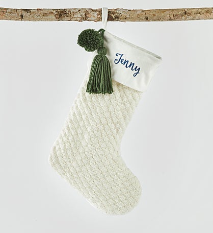 Kittenish Embroidered Cream & Green Tassel Stocking