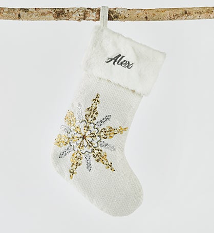 Embroidered Cream, Metallic Silver & Gold Snowflake Stocking