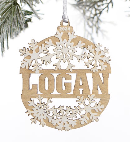 Kittenish Engraved Wood Snowflake Ornament
