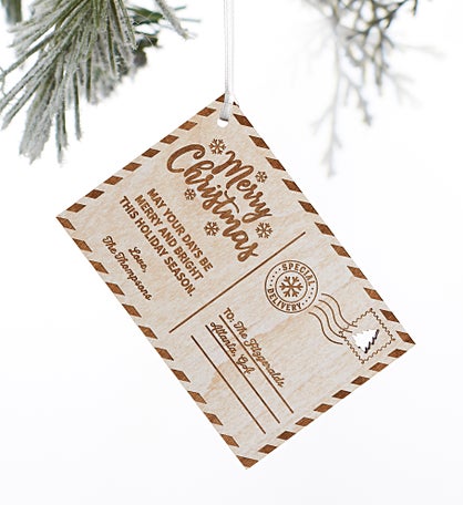 Kittenish Engraved Wood Holiday Postcard Ornament