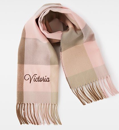 Kittenish Embroidered Soft Fringe Scarf in Pink Plaid