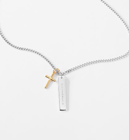 Kittenish Engraved Gold & Sterling Silver Cross and Bar Necklace