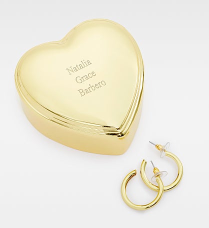 Kittenish Engraved Heart Box and Small Metal Hoop Set