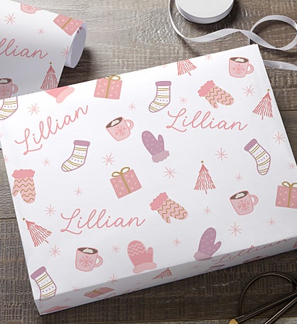 Kittenish Cozy Holiday Personalized Wrapping Paper in White