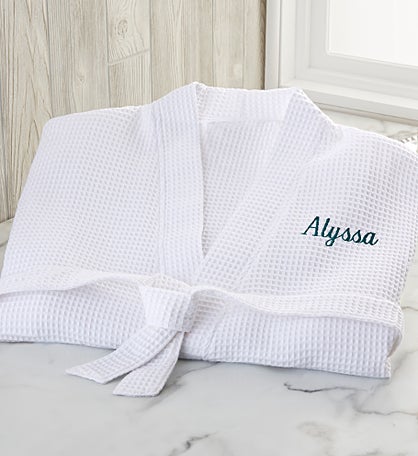 Kittenish Embroidered Waffle Weave Kimono Robes