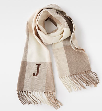 Embroidered Neutral Plaid Fringe Scarf by Jessie James Decker