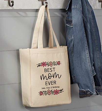 Kittenish Personalized Floral Border Mother's Day Canvas Tote Bags