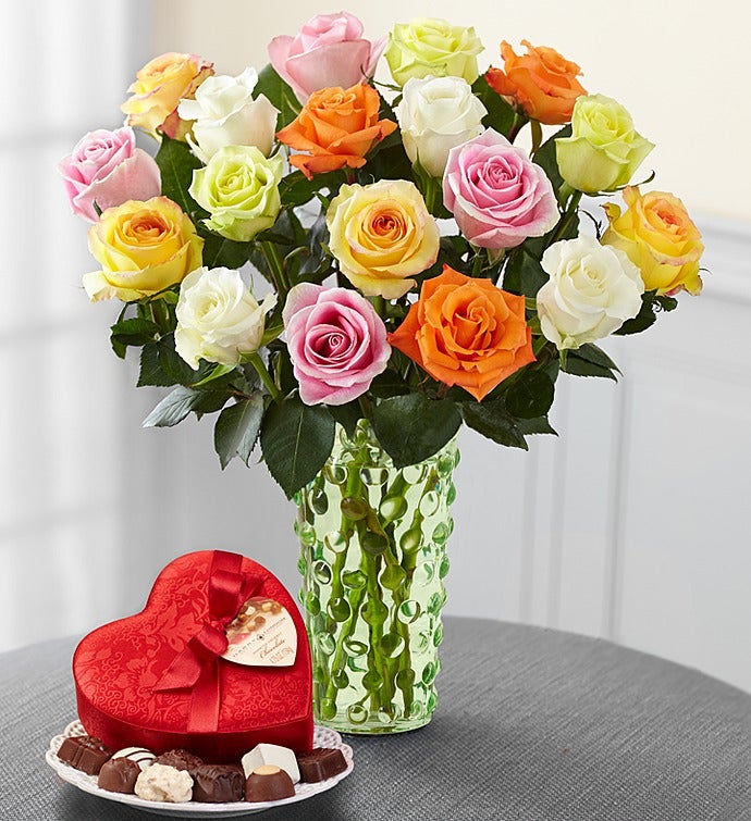 Assorted Roses, 18 Stems + Free Vase & Chocolates