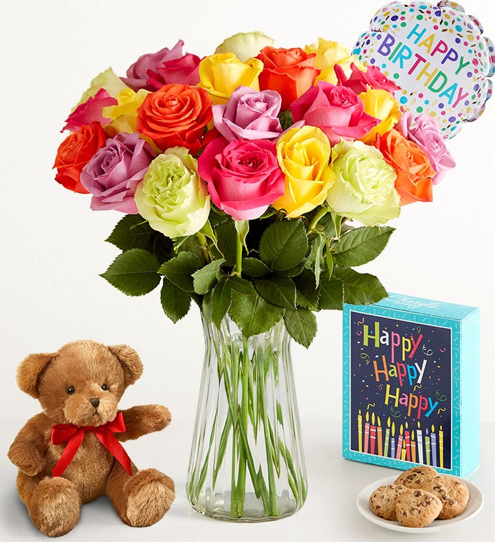 Happy Birthday Assorted Roses, 12-24 Stems