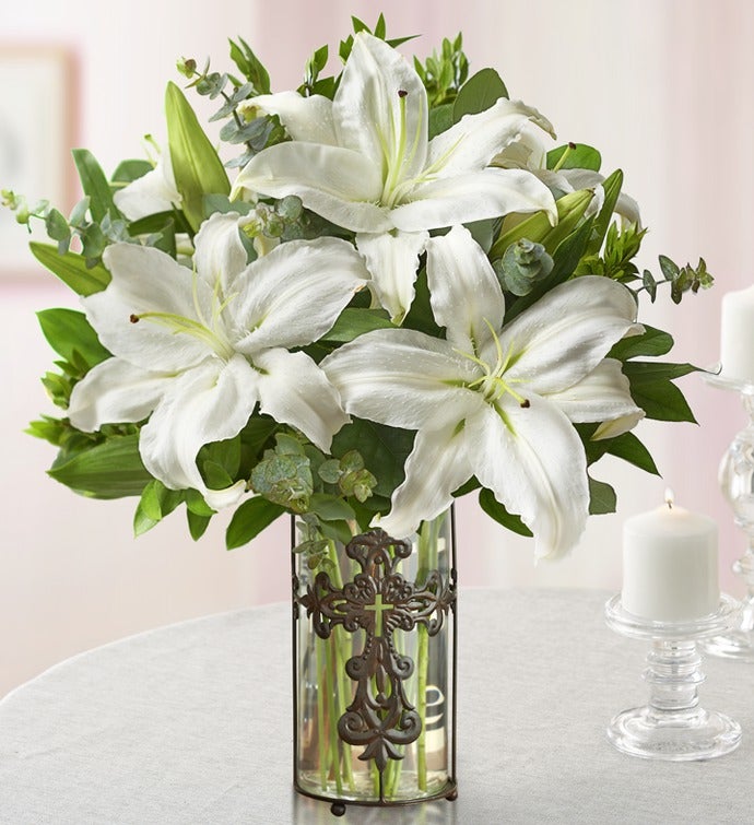 White Lilies with Cross Vase