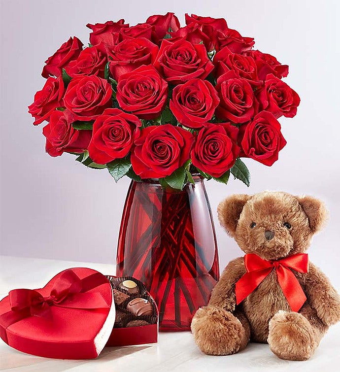 Red Roses with Bear, 12-24 Stems from 1-800-FLOWERS.COM