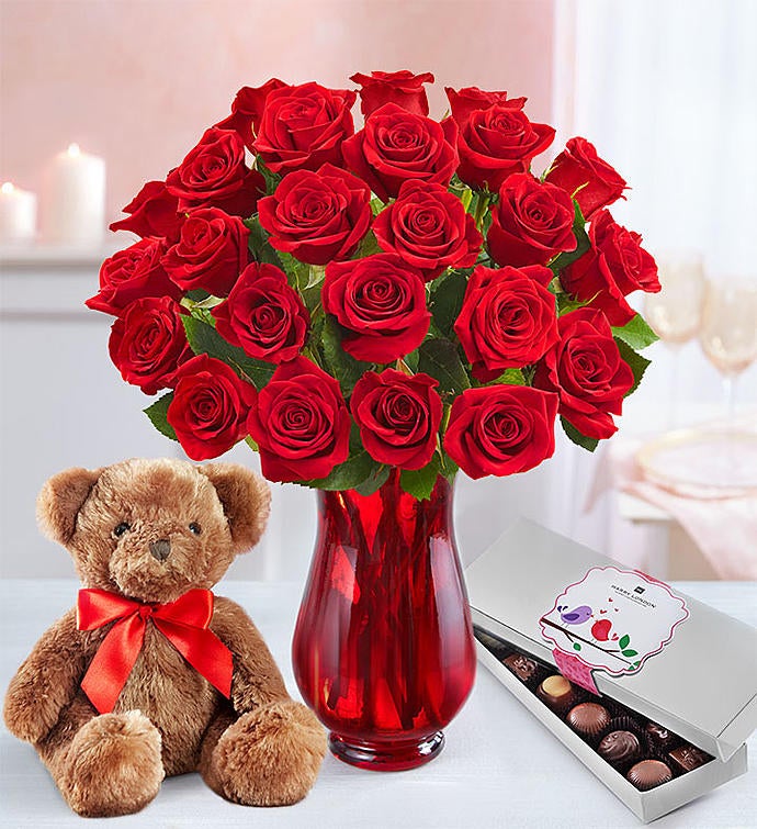 Red Roses with Bear: 12-24 Stems