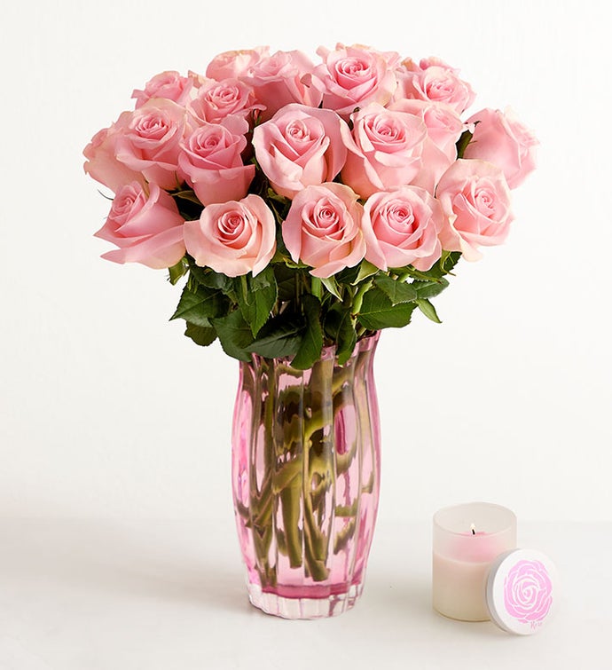 Send Flowers | Pink Petal Roses | 24 Stems With Clear Vase | 1-800-Flowers Flowers Delivery