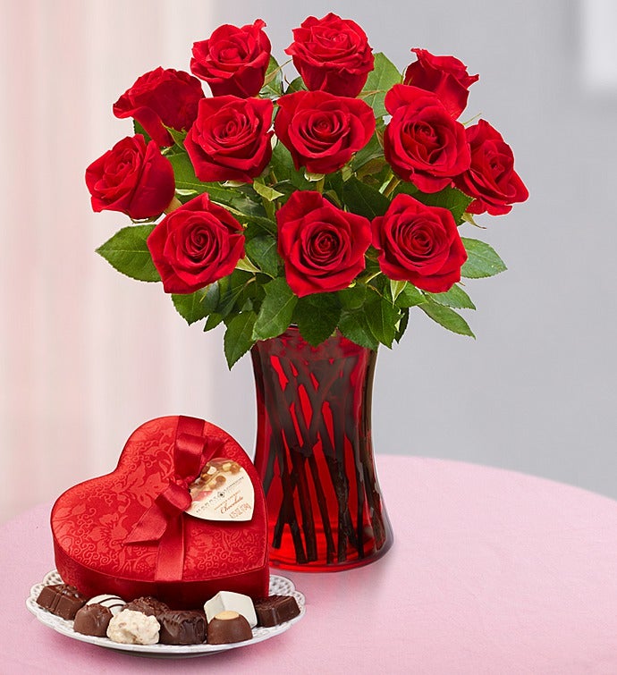 One Dozen Red Roses + Free Chocolate