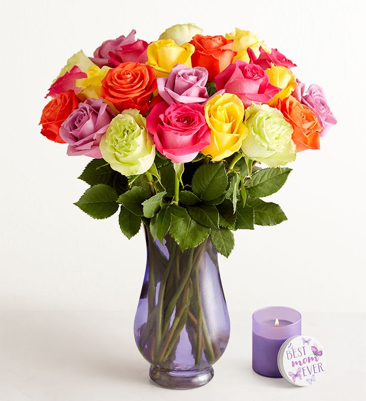 Assorted Roses with Best Mom Candle