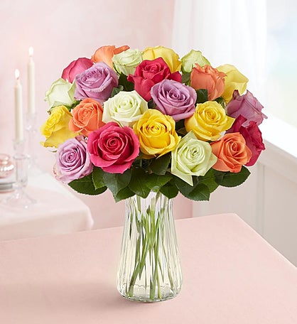 Two Dozen Assorted Roses + Free Vase