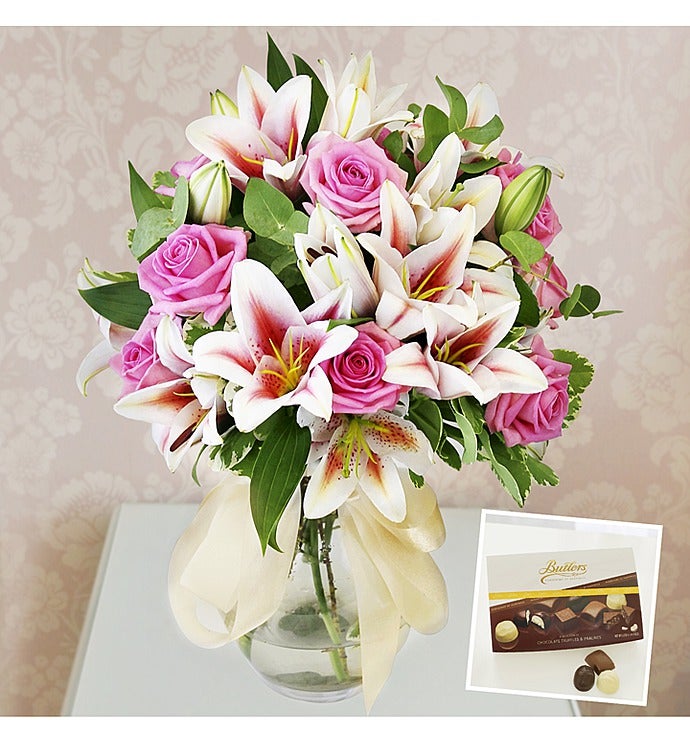 Rose & Lily Hand Tied Flowers with Chocolates