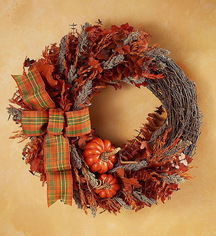 Preserved Harvest Plaid Wreath & Cornucopia