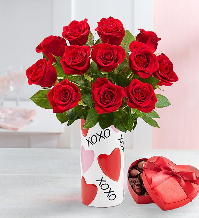 12 Red Roses with XOXO Vase & Chocolate