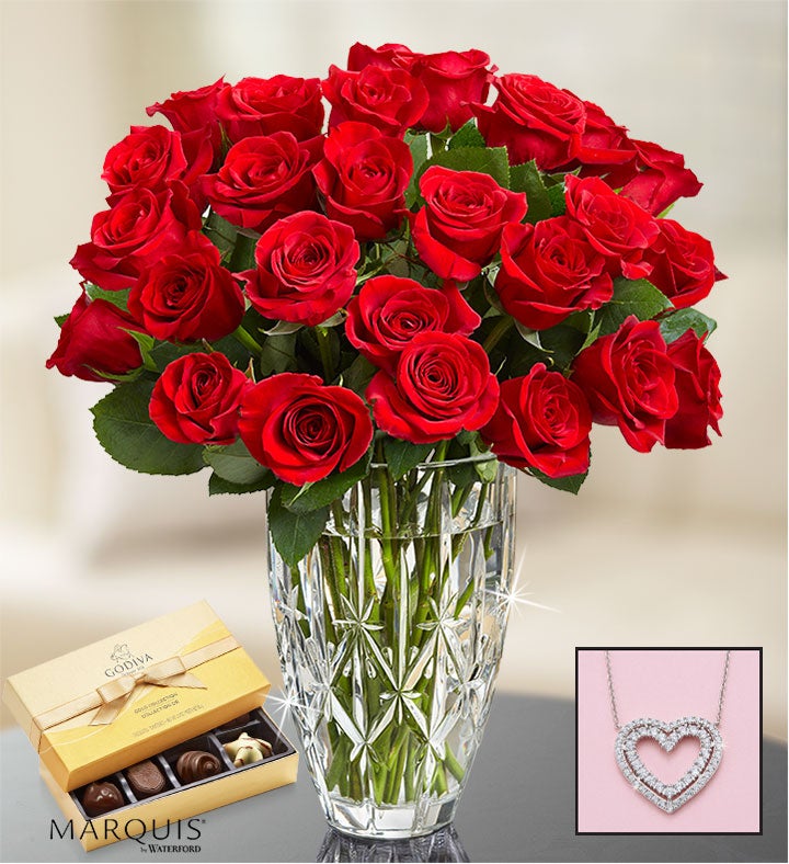 24 Red Roses In Waterford® Vase With Necklace | 1800Flowers.com - 159788