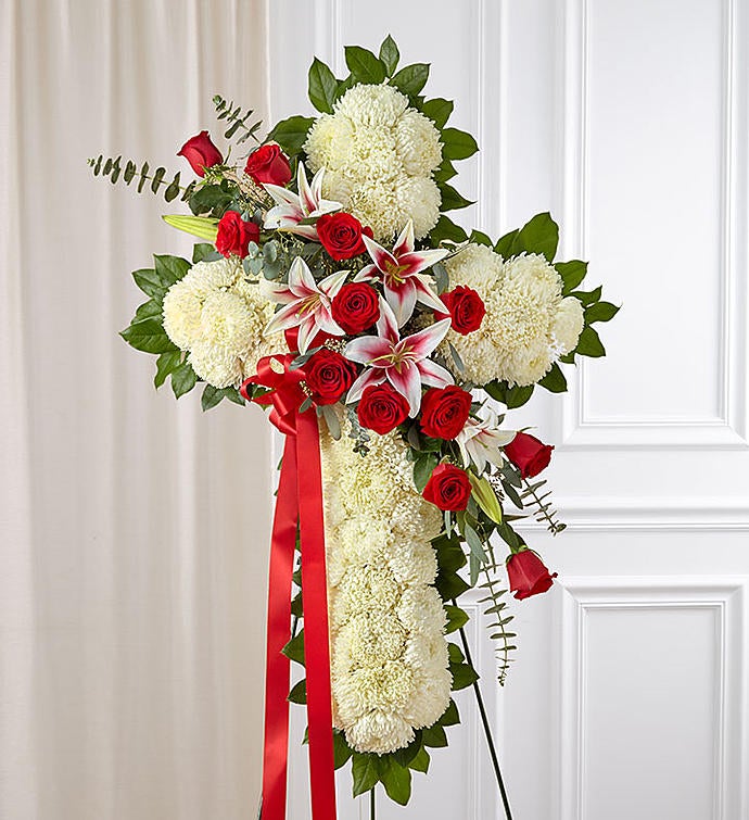 Peace & Prayers™ Red Rose & Lily Standing Cross