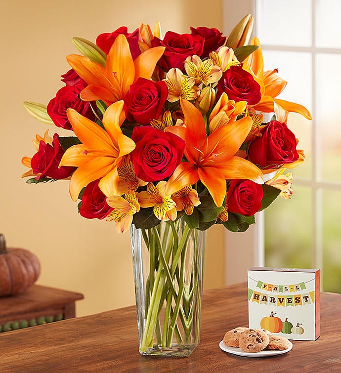 Elegant Autumn Rose & Lily Bouquet + Free Vase
