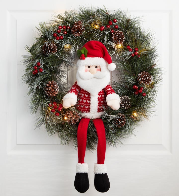 Jolly Santa Wreath With Lights - 22&quot;
