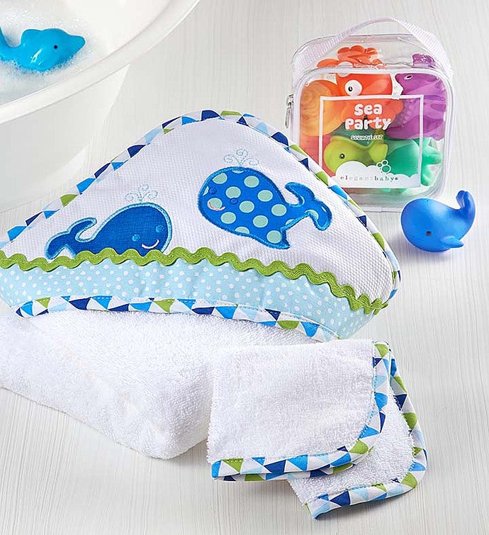 Whale Splash Party Hooded Towel & Bath Toys Set