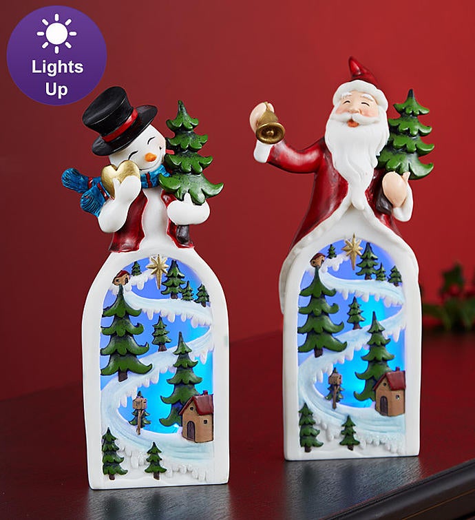 Lighted Santa and Snowman Pair