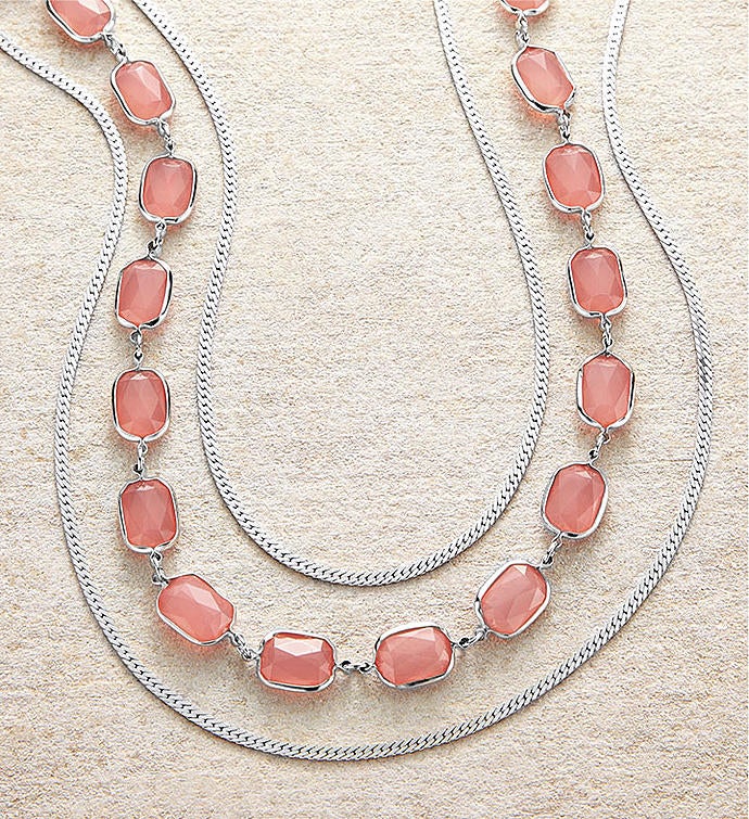 Silver Necklace With Peach Beads by Bayberry Road