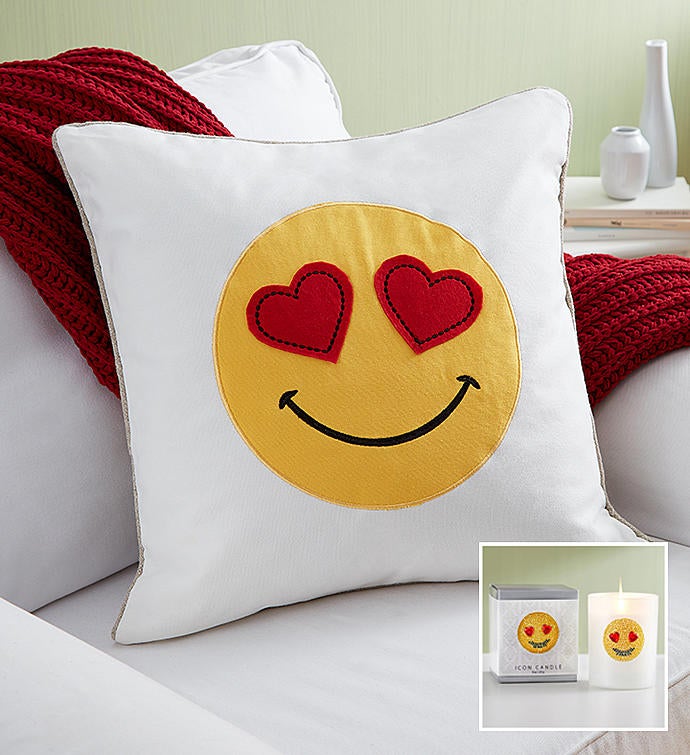 Smiling Hearts Emoji Pillow and Candle