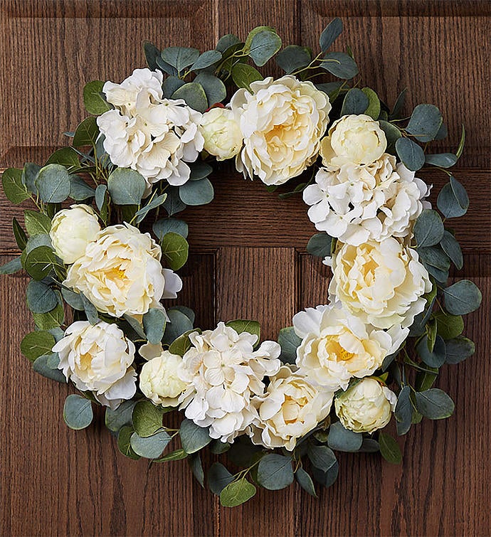 Serene White Peony & Hydrangea Wreath 24"