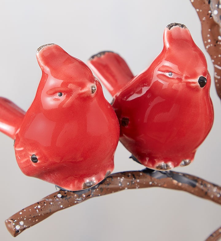 Snowy Cardinal Lantern with Tealight Set