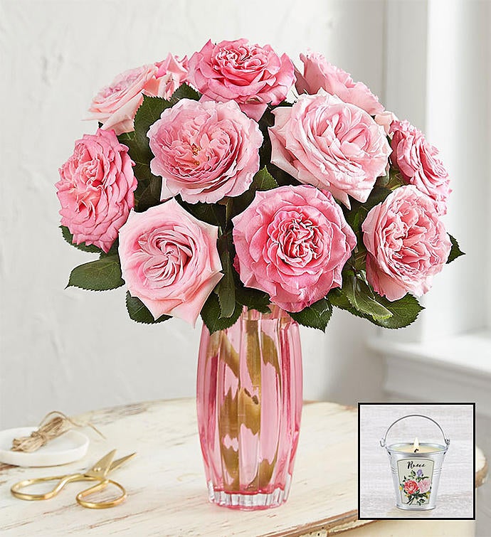 Pink Garden Roses + Free Candle