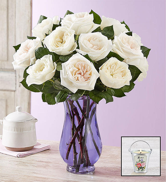 White Garden Roses + Free Candle