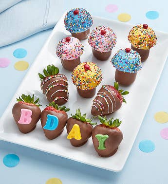 Dipped Birthday Strawberries and Mini Cupcakes