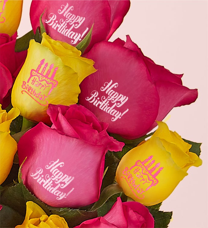 Conversation Roses Happy Birthday 24 Stems with Pink Vase & Cookie | 1-800-Flowers Flowers Delivery | 176776MPFV1CK16