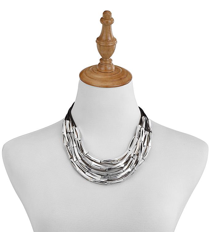 Silver Bars Black Cord Necklace