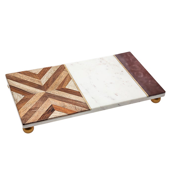 Wood/Marble Footed Rectangle Tray