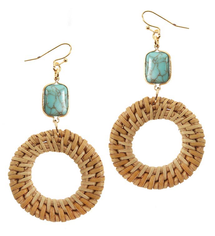 Stone Turquoise and Rattan Disc Earring