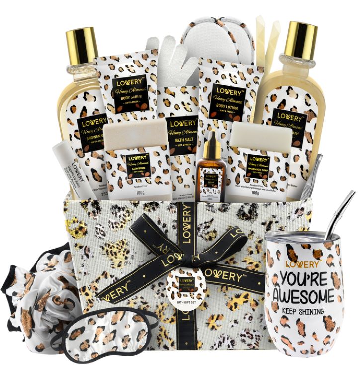 Honey Almond Leopard  Spa Basket Set, 21 Piece