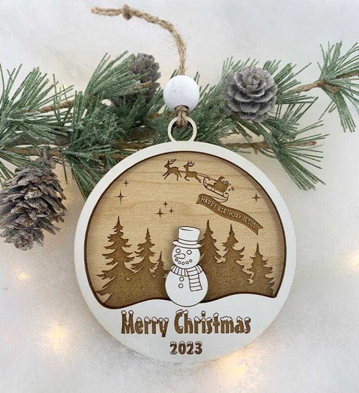 Snowman Santa Sleigh Happy Birthday Jesus Ornament