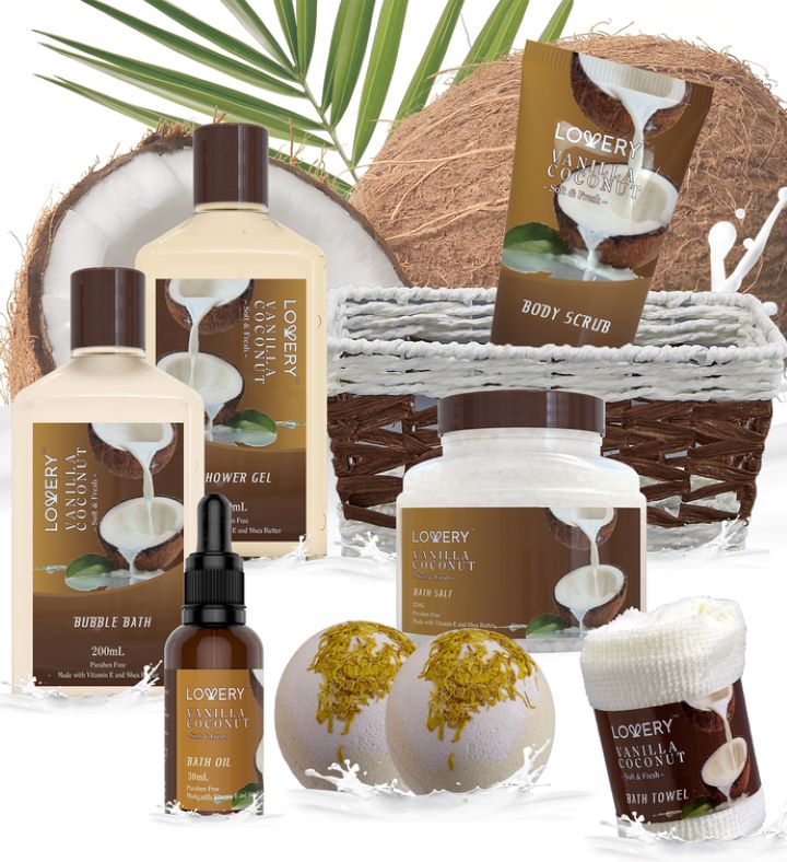 Vanilla Coconut Home Spa Basket Set, 9 Piece