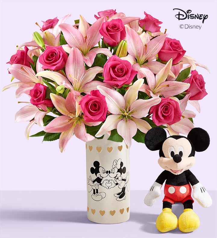 Disney Mickey Mouse & Minnie Mouse in Love Vase with Pink Rose & Lily