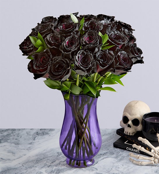 Black Roses, 24 Stems with Purple Vase