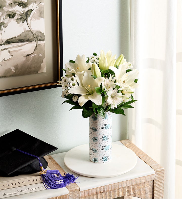 White Lily Bouquet with The Adventure Begins Vase