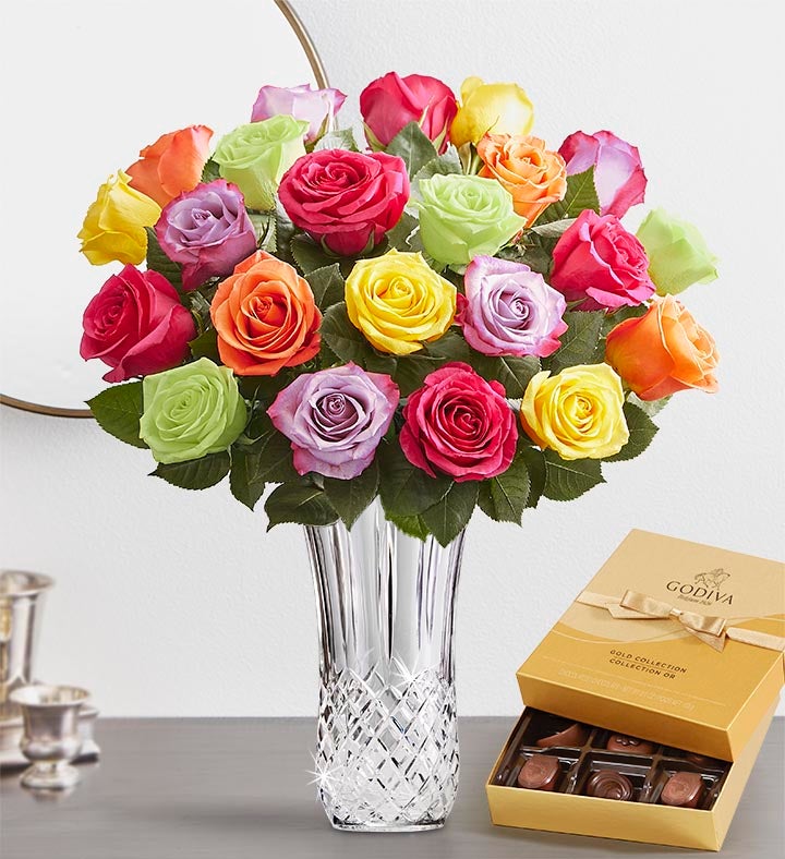 Two Dozen Assorted Roses with Luxury Posh™ Vase